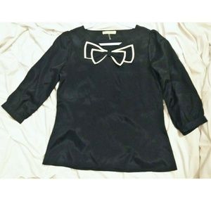 (s) Navy Bow Front Puff Sleeve Blouse | Comme Toi